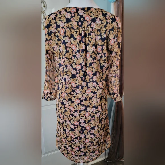 La Petiet Étolie Paris V-Neck Mini Dress Womens S Navy Tan Pink Floral Boho Flow - Picture 3 of 13